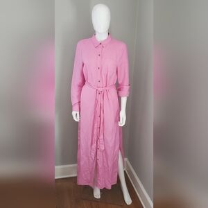 Loft Pink Button-Up Belted Linen Maxi Shirtdress M